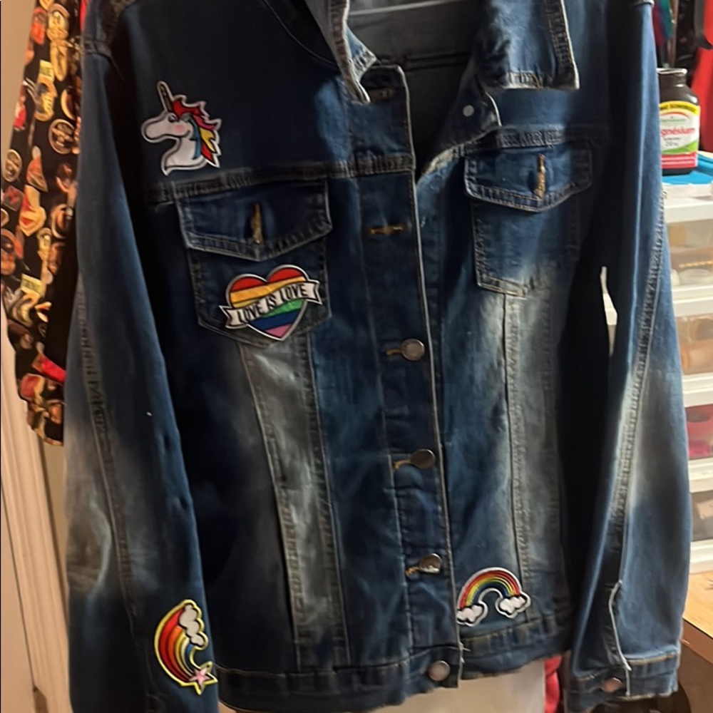 Pride blue denim / jean Spring jacket women’s XL rainbow necklace $6.99 shipping